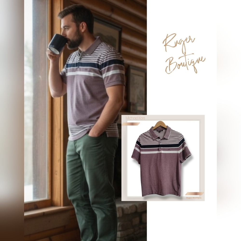 🌿Michael Kors Men’s Large Block Striped Polo Premium Cotton Heathered Plum/Navy
